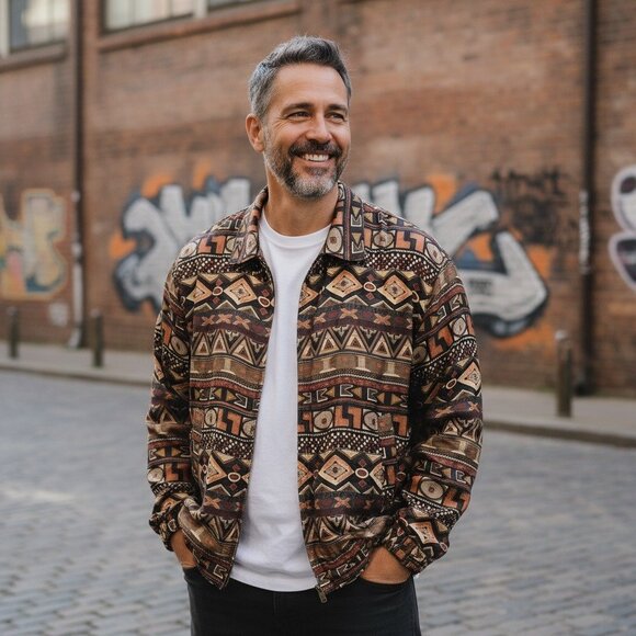 CoAco Vintage Silk Bomber Jacket L – Unisex Tribal Aztec Print Zip Up - Picture 12 of 12